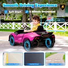 AIYAPLAY 12V Lamborghini Autentica Licensed Kids Electric Car with Remote Control, 4 Suspension Wheels, Soft Start, Pink - 5