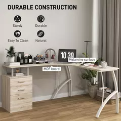 HOMCOM L-Shaped Computer Desk Table with Storage Drawer, Home Office Desk Corner Industrial Style Workstation for A4 Files 143.5 x 143.5 x 76cm, Oak - 6