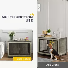 PawHut Dog Crate Furniture with Wheels, Double Doors, for Medium Dogs, Grey - 4