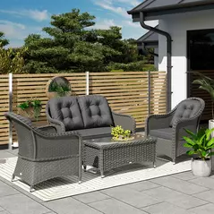 Outsunny Four-Piece Rattan Sofa Set, with Glass-Top Table - Light Grey - 9