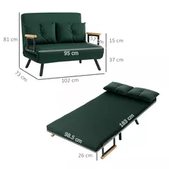HOMCOM 4-in-1 Velvet-Feel Double Sofa Bed, with Pillows - Green - 3