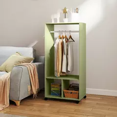 HOMCOM Open Wardrobe on Wheels, Bedroom Wardrobe with Clothes Hanging Rail, 2 Storage Shelves, Mobile Garment Rack for Cloakroom, Hallway, Green - 7