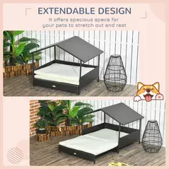 PawHut Extendable Elevated Dog Bed, Rattan Dog House, with Water-Resistant Roof, Removable Cushion, Cream - 4