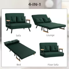 HOMCOM 4-in-1 Velvet-Feel Double Sofa Bed, with Pillows - Green - 4