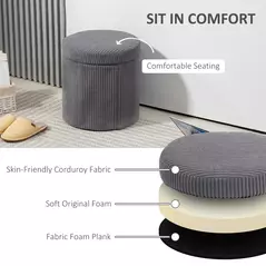 HOMCOM 40cm Round Storage Ottoman, Corduroy Footstool with Removable Lid and Legs, Vanity Stool for Living Room, Bedroom, Grey - 5