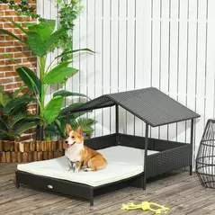 PawHut Extendable Elevated Dog Bed, Rattan Dog House, with Water-Resistant Roof, Removable Cushion, Cream - 2