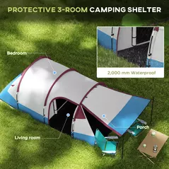 Outsunny Camping Tent, Large Tunnel Tent with Bedroom and Living Area, 2000mm Waterproof, Portable with Bag for 2-3 Man, Red - 4