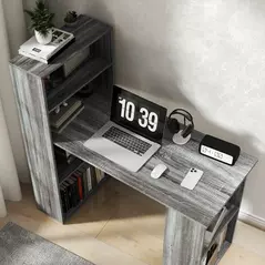 HOMCOM 120cm Computer Desk, Wooden PC Laptop Table with 6-Tier Storage Bookshelves, Home Office Working Study Desk, Writing Workstation, Grey - 9