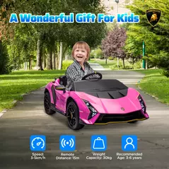 AIYAPLAY 12V Lamborghini Autentica Licensed Kids Electric Car with Remote Control, 4 Suspension Wheels, Soft Start, Pink - 7