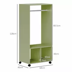HOMCOM Open Wardrobe on Wheels, Bedroom Wardrobe with Clothes Hanging Rail, 2 Storage Shelves, Mobile Garment Rack for Cloakroom, Hallway, Green - 3