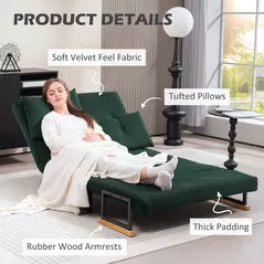 HOMCOM 4-in-1 Velvet-Feel Double Sofa Bed, with Pillows - Green - 6