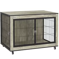 PawHut Dog Crate Furniture with Wheels, Double Doors, for Medium Dogs, Grey - 1