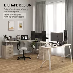 HOMCOM L-Shaped Computer Desk Table with Storage Drawer, Home Office Desk Corner Industrial Style Workstation for A4 Files 143.5 x 143.5 x 76cm, Oak - 5