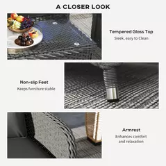 Outsunny Four-Piece Rattan Sofa Set, with Glass-Top Table - Light Grey - 6