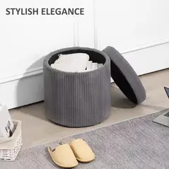 HOMCOM 40cm Round Storage Ottoman, Corduroy Footstool with Removable Lid and Legs, Vanity Stool for Living Room, Bedroom, Grey - 4