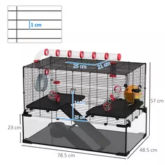 PawHut Gerbil Cage, Dwarf Hamster Cage, with Deep Glass Bottom, Tunnels, Ramps, Hut, Exercise Wheel, 78.5 x 48.5 x 57cm - 3