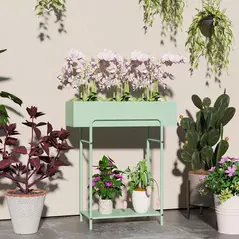 Outsunny 2 Tier Plant Stand, Metal Plant Rack Shelf with Drain Holes, Floor-standing Flower Pot Stand for Indoor Outdoor Garden Patio Balcony Living Room, Green - 2