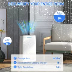 HOMCOM 16L Multi-Mode Dehumidifier, with Wheels - White - 4