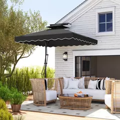 Outsunny 2.5m Cantilever Parasol with Easy Lever, Square Double Top Garden Parasol Umbrella with Ruffles and Cross Base, Overhanging Outdoor Sun Shades, Black - 2
