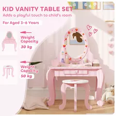 AIYAPLAY Kids Dressing Table Set, Vanity Table with Stool, Mirror, Drawer, Desktop, Storage, Strawberry-Theme, Pink - 4