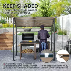 Outsunny 2.2 x 1.5 m BBQ Grill Gazebo Tent, Garden Grill with Metal Frame, Curved Canopy and 10 Hooks, Outdoor Sun Shade, Khaki - 4