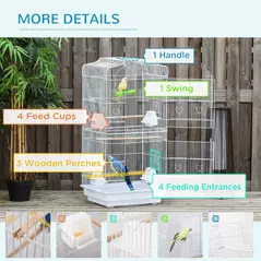 PawHut Large Metal Bird Cage with Perches, Food Bowls, Swing, for Budgies, Parakeets, White - 6