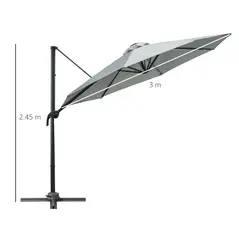 Outsunny 3(m) LED Cantilever Parasol Garden Sun Umbrella w/ Cross Base and Solar Lights Grey - 3