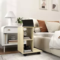 HOMCOM C-Shape End Table Unique Storage Unit w/ 2 Shelves 4 Wheels Freestanding Home Office Furniture Cabinet Square Studio Natural - 2