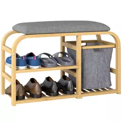 HOMCOM Bamboo Shoe Rack Bench with Padded Seat - Nature Wood Finish - 1