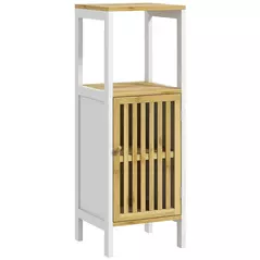 HOMCOM Bamboo-Blend Retro Cut-Out Bathroom Storage Unit, with Cupboard - 1