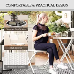 Outsunny 3 Pieces Outdoor Bistro Set, Glass Top Outdoor Table and 2 Folding Chairs with Protecting Feet, White - 6