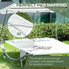 Outsunny Double Sun Lounger with Adjustable Detachable Canopy, Portable Garden Daybed for 2 with Wheels, Outdoor Sunbed Hammock with 2 Pillows, 220 KG Max. Load, White - 5