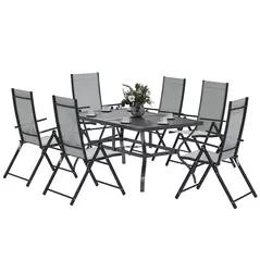 Outsunny Seven-Piece Steel Outdoor Dining Set, with Parasol Hole - Grey - 1