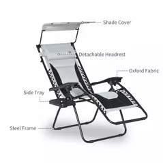 Outsunny Zero Gravity Lounger Chair, Folding Reclining Patio Chair with Shade Cover, Padded Seat, Cup Holder, Soft Cushion and Headrest for Poolside, Camping, Grey - 8