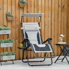 Outsunny Zero Gravity Lounger Chair, Folding Reclining Patio Chair with Shade Cover, Padded Seat, Cup Holder, Soft Cushion and Headrest for Poolside, Camping, Grey - 2