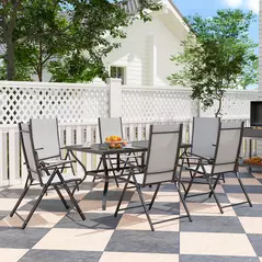 Outsunny Seven-Piece Steel Outdoor Dining Set, with Parasol Hole - Grey - 2