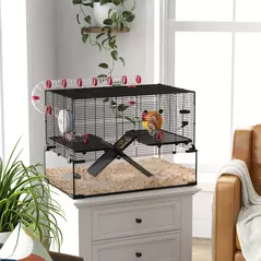 PawHut Gerbil Cage, Dwarf Hamster Cage, with Deep Glass Bottom, Tunnels, Ramps, Hut, Exercise Wheel, 78.5 x 48.5 x 57cm - 2