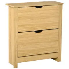 HOMCOM Narrow Shoe Cabinet, Space Saving Shoe Storage Cabinet with 2 Flip Drawers and Adjustable Shelves for 6-12 Pairs of Shoes for Hallways and Living Room, Natural Wood Finish - 1