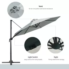 Outsunny 3(m) LED Cantilever Parasol Garden Sun Umbrella w/ Cross Base and Solar Lights Grey - 7