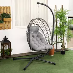 Outsunny Outdoor PE Rattan Swing Chair with Foldable Basket and Cushion, Garden Patio Hanging Egg Chair with Metal Stand, Headrest for Indoor and Outdoor, Light Grey - 2