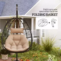 Outsunny Hanging Egg Chair Outdoor Indoor Garden Swing Chair with Folding Basket, Thickened Cushion, Garden Hanging Chair with Stand, Headrest for Patio, Balcony, Khaki - 5