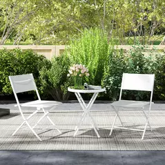 Outsunny 3 Pieces Outdoor Bistro Set, Glass Top Outdoor Table and 2 Folding Chairs with Protecting Feet, White - 9