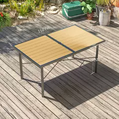 Outsunny Garden Table for 6, 150 cm Rectangular Outdoor Dining Table with 5 cm Umbrella Hole, Wood Effect Top, Rust Resistant Frame, for Patio, Balcony, Terrace, Natural Wood Finish - 3