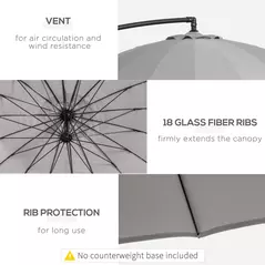 Outsunny 3(m) Cantilever Umbrella 18 Ribs & Vents Adjustable Angle for Patio Light Grey - 6