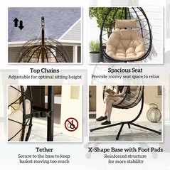 Outsunny Hanging Egg Chair Outdoor Indoor Garden Swing Chair with Folding Basket, Thickened Cushion, Garden Hanging Chair with Stand, Headrest for Patio, Balcony, Khaki - 7
