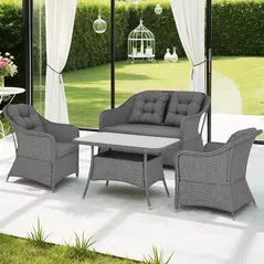 Outsunny Four-Piece Rattan Set, with Glass-Top Table - Light Grey - 2