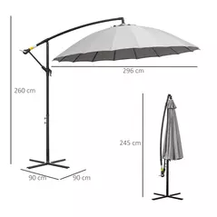 Outsunny 3(m) Cantilever Umbrella 18 Ribs & Vents Adjustable Angle for Patio Light Grey - 3