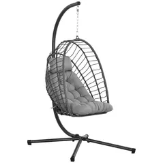Outsunny Outdoor PE Rattan Swing Chair with Foldable Basket and Cushion, Garden Patio Hanging Egg Chair with Metal Stand, Headrest for Indoor and Outdoor, Light Grey - 1