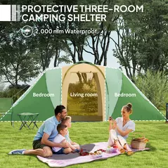 Outsunny Large Camping Tent Tunnel Tent with 2 Bedroom and Living Area, 2000mm Waterproof, Portable with Bag for 4-6 Man, Green - 4