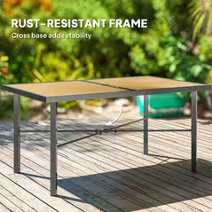 Outsunny Garden Table for 6, 150 cm Rectangular Outdoor Dining Table with 5 cm Umbrella Hole, Wood Effect Top, Rust Resistant Frame, for Patio, Balcony, Terrace, Natural Wood Finish - 6